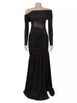 Off-Shoulder Mesh Panel Ruched Maxi Dress in scarlet by ALE AVENA – front view
