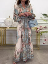 Floral Print Puff Sleeve Belted Maxi Dress by ALE AVENA – full length view