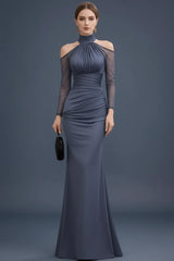 Cold Shoulder Ruched Mesh Sleeve Maxi Dress in grey by ALE AVENA – front view