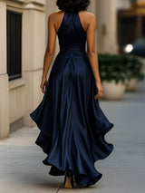 Ruffled Halter Neck Belted Maxi Dress in navy by ALE AVENA – side view