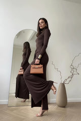 Turtleneck Tie-Waist Long Sleeve Maxi Dress by ALE AVENA – turtleneck detail