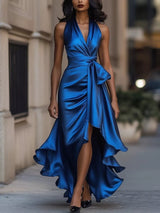 Ruffled Halter Neck Belted Maxi Dress in black by ALE AVENA – side view