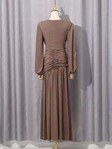 Mocha Brown Asymmetric Draped Maxi Dress by ALE AVENA – back view
