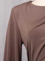 Mocha Brown Asymmetric Draped Maxi Dress by ALE AVENA – model wearing