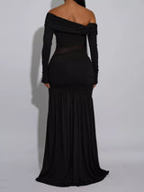 Off-Shoulder Mesh Panel Ruched Maxi Dress by ALE AVENA – mesh panel detail