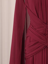 Deep Red Ruched Halter Maxi Dress with Cape Overlay by ALE AVENA – close-up detail