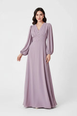 V-Neck Balloon Sleeve Ruched Maxi Dress in lavender by ALE AVENA – side view