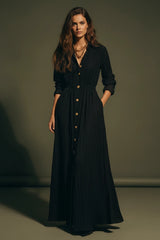 Textured Button-Down Maxi Dress in khaki by ALE AVENA – front view