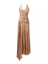 Champagne Halter Ruched Maxi Dress by ALE AVENA – back view