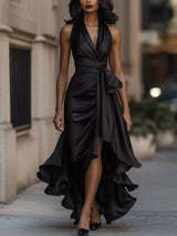 Ruffled Halter Neck Belted Maxi Dress by ALE AVENA – full length