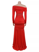 Off-Shoulder Mesh Panel Ruched Maxi Dress by ALE AVENA – size chart