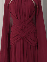 Deep Red Ruched Halter Maxi Dress with Cape Overlay by ALE AVENA – fabric detail