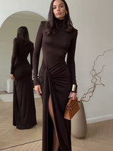 Turtleneck Tie-Waist Long Sleeve Maxi Dress in black by ALE AVENA – front view
