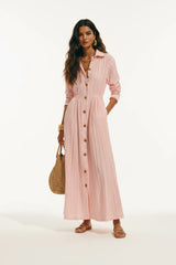Textured Button-Down Maxi Dress in sky blue by ALE AVENA – front view