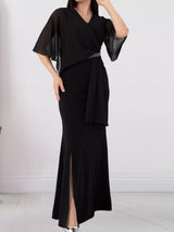 V-Neck Flutter Sleeve Maxi Dress by ALE AVENA – rhinestone belt detail