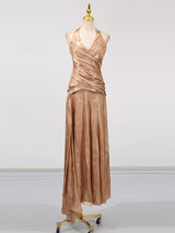Champagne Halter Ruched Maxi Dress by ALE AVENA – V-neck halter detail