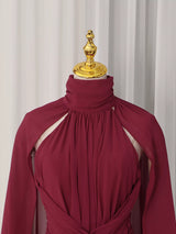 Deep Red Ruched Halter Maxi Dress with Cape Overlay by ALE AVENA – ruching detail