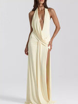 Split Backless Halter Neck Maxi Dress in yellow by ALE AVENA – front view