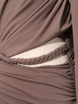 Mocha Brown Asymmetric Draped Maxi Dress by ALE AVENA – pleated skirt detail