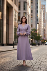 V-Neck Balloon Sleeve Ruched Maxi Dress by ALE AVENA – ruched bodice detail