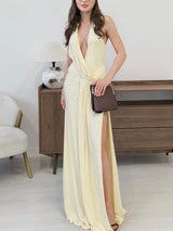 Split Backless Halter Neck Maxi Dress in yellow by ALE AVENA – back view