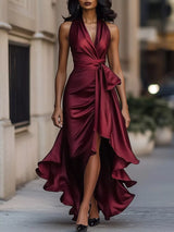 Ruffled Halter Neck Belted Maxi Dress in royal blue by ALE AVENA – front view