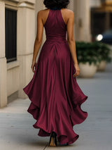 Ruffled Halter Neck Belted Maxi Dress in royal blue by ALE AVENA – side view