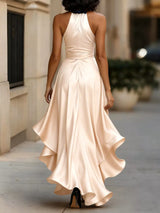Ruffled Halter Neck Belted Maxi Dress in burgundy by ALE AVENA – front view