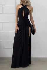 Split Backless Halter Neck Maxi Dress in black by ALE AVENA – slit detail