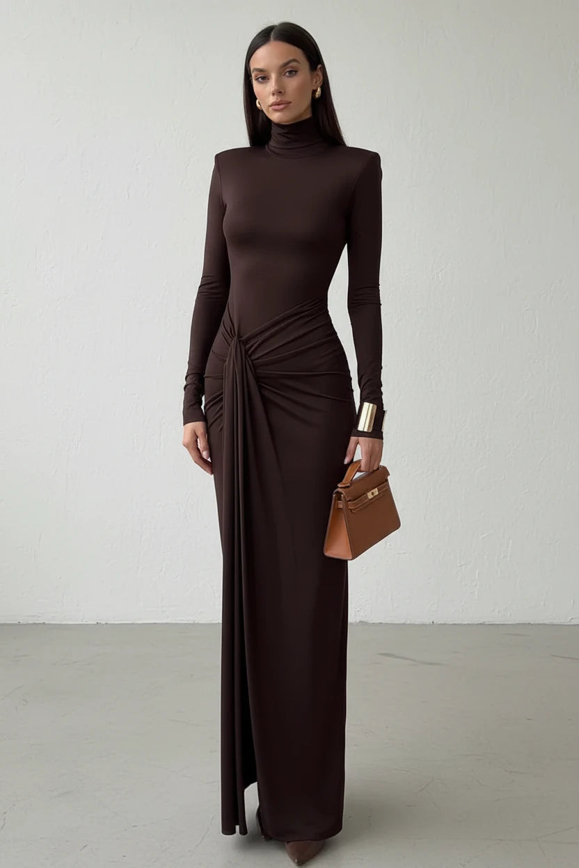 Turtleneck Tie-Waist Long Sleeve Maxi Dress in coffee brown by ALE AVENA – front view