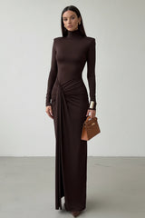 Turtleneck Tie-Waist Long Sleeve Maxi Dress in coffee brown by ALE AVENA – front view