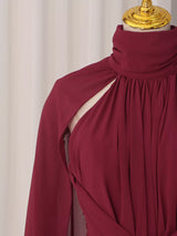 Deep Red Ruched Halter Maxi Dress with Cape Overlay by ALE AVENA – model wearing