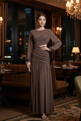 Mocha Brown Asymmetric Draped Maxi Dress by ALE AVENA – side view