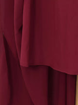 Deep Red Ruched Halter Maxi Dress with Cape Overlay by ALE AVENA – hemline detail