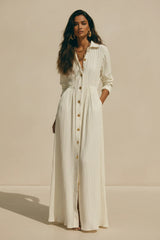 Textured Button-Down Maxi Dress in black by ALE AVENA – front view