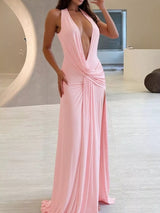 Split Backless Halter Neck Maxi Dress in pink by ALE AVENA – front view
