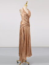 Champagne Halter Ruched Maxi Dress by ALE AVENA – draped pleating detail