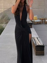 Split Backless Halter Neck Maxi Dress by ALE AVENA – full length