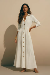 Textured Button-Down Long Sleeve Maxi Dress with pockets in white by ALE AVENA – front view