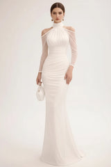Cold Shoulder Ruched Mesh Sleeve Maxi Dress in white by ALE AVENA – front view