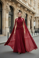 Deep Red Ruched Halter Maxi Dress with Cape Overlay by ALE AVENA – side view