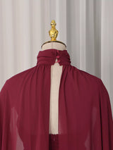 Deep Red Ruched Halter Maxi Dress with Cape Overlay by ALE AVENA – full length view