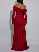 Off-Shoulder Mesh Panel Ruched Maxi Dress by ALE AVENA – pleated skirt detail