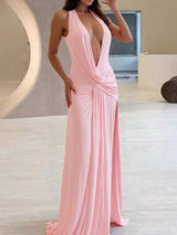 Split Backless Halter Neck Maxi Dress in pink by ALE AVENA – detail