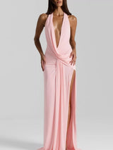 Split Backless Halter Neck Maxi Dress in pink by ALE AVENA – side view
