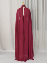 Deep Red Ruched Halter Maxi Dress with Cape Overlay by ALE AVENA – mock neck detail