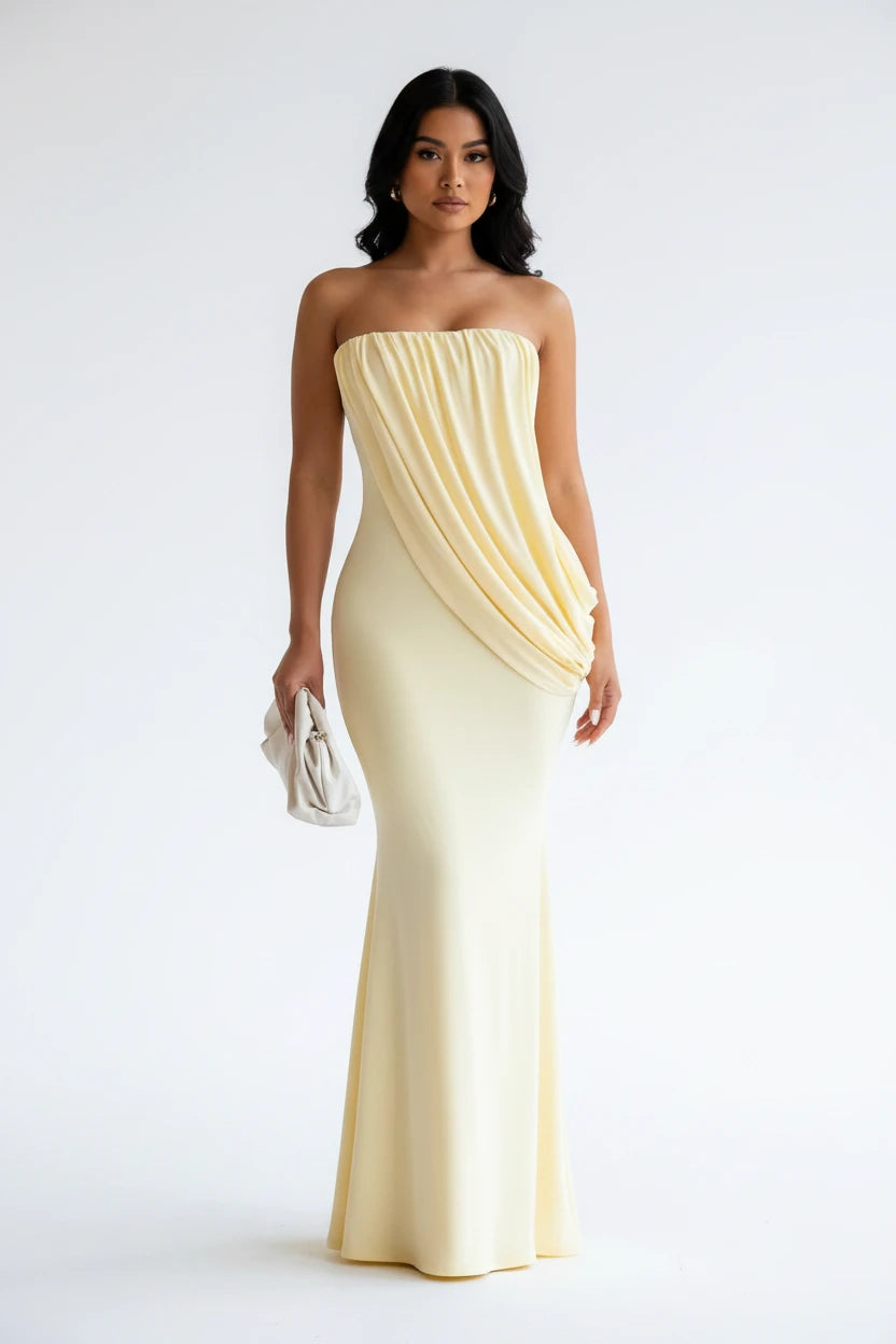 Draped Asymmetric Maxi Dress in cream by ALE AVENA – front view