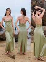 Sage Satin Halter Maxi Dress with 3D Floral Detail