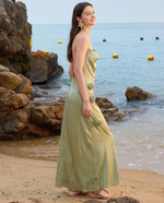 Sage Satin Halter Maxi Dress with 3D Floral Detail