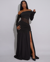 Off-Shoulder Mesh Panel Ruched Maxi Dress with Slit in black by ALE AVENA – front view